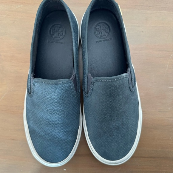 Tory Burch Floyd Snakeskin Leather Slip-On Sneakers in Embossed Blue - Picture 2 of 6